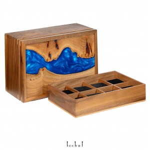 Box for watches «Odinus. Sapphire». Walnut, elm, blue epoxy resin, polyurethane 