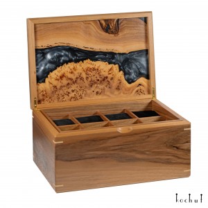 Box for watches «Odinus. Black pearl». Walnut, elm, black epoxy resin, polyurethane 