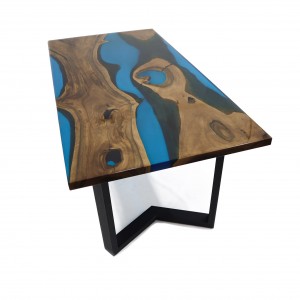 Dining table «Arctoria». Walnut, blue epoxy resin, glossy varnish 