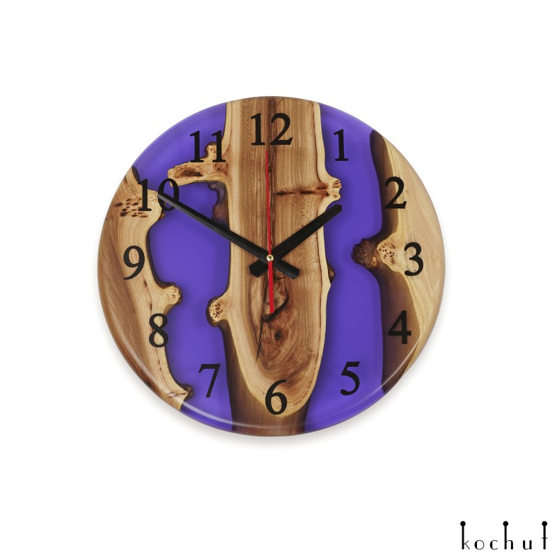 Wall clock «Continuum». Rock elm, purple epoxy resin, polyurethane, round shape