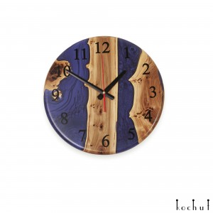 Wall clock «Continuum». Rock elm, purple epoxy resin, polyurethane, round shape