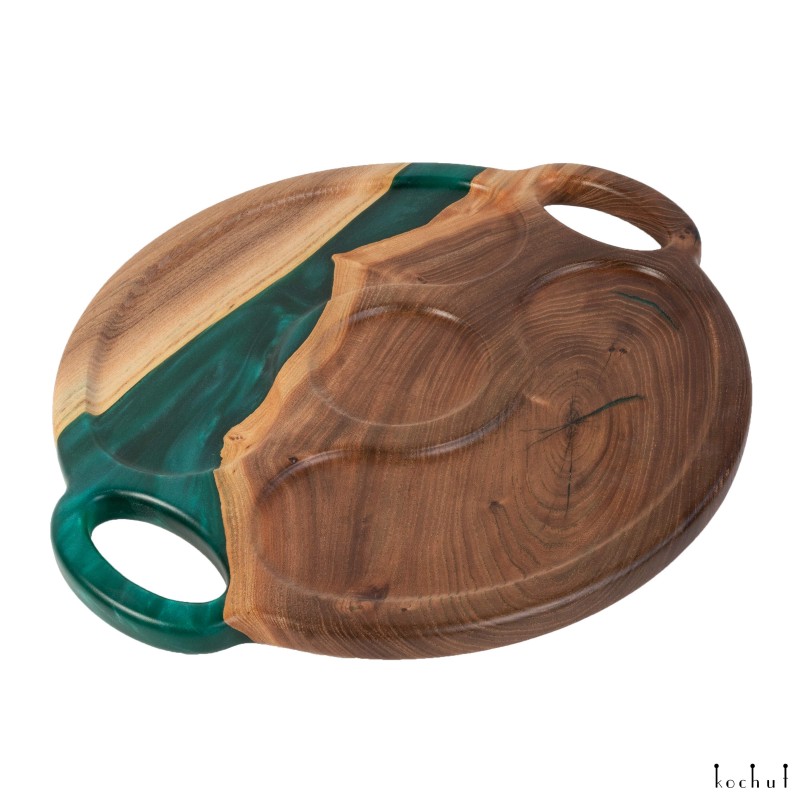 Serving tray «Eden». Rock elm, green pearl epoxy resin, polyurethane 