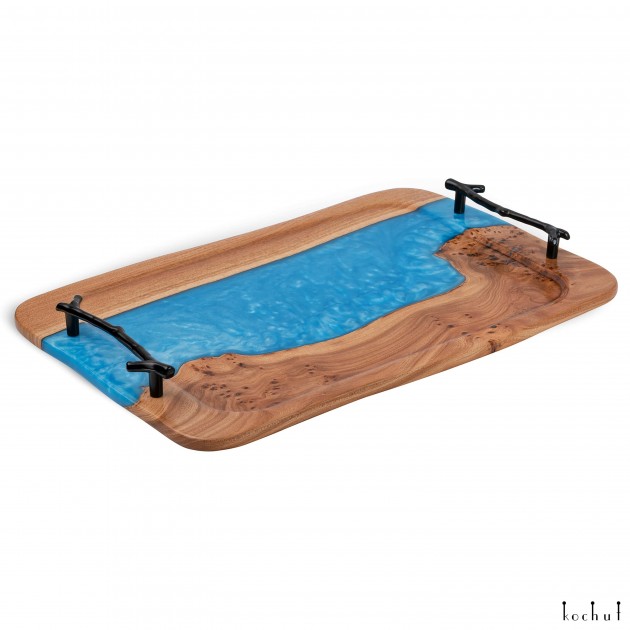 Serving tray «Hyuge. Touch of the sea». Rock elm, blue pearl epoxy resin, polyurethane 