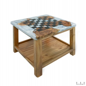 Chess coffee table «London Gambit». Rock elm, white pearl epoxy resin, polyurethane 