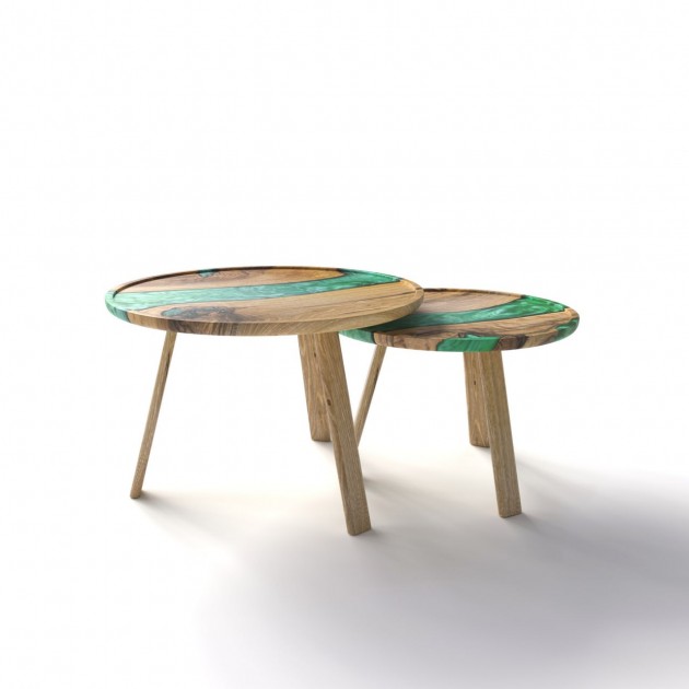 Coffee tables «Taira. Jade horizon». Rock elm, green pearl epoxy resin, polyurethane 