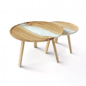 Coffee tables «Taira. Snow horizon». Rock elm, white pearl epoxy resin, polyurethane 