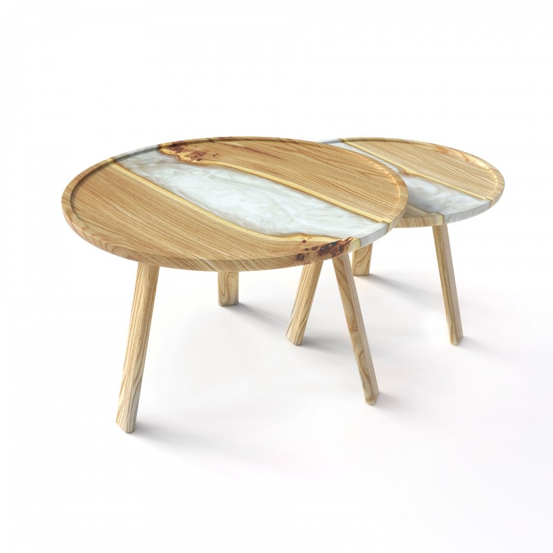  Coffee tables «Taira. Snow horizon». Rock elm, white pearl epoxy resin, polyurethane 