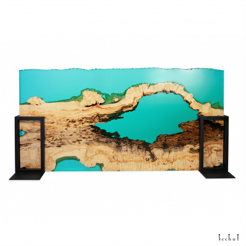 Decorative panel and room divider «Akvium». California maple, turquoise transparent epoxy resin, polyurethane 