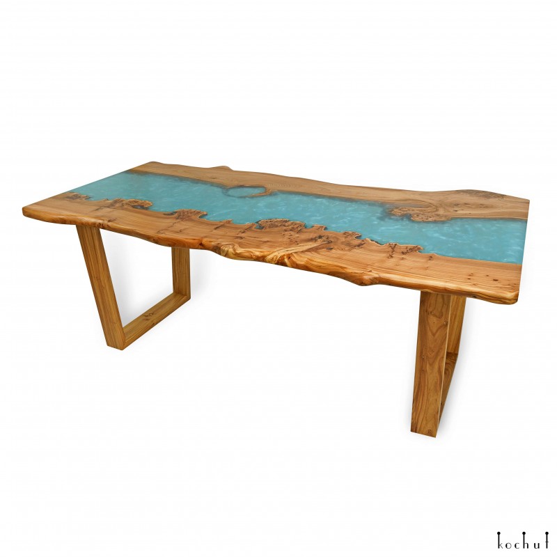Dining table «Mirage». Rock elm, blue pearl epoxy resin, polyurethane 