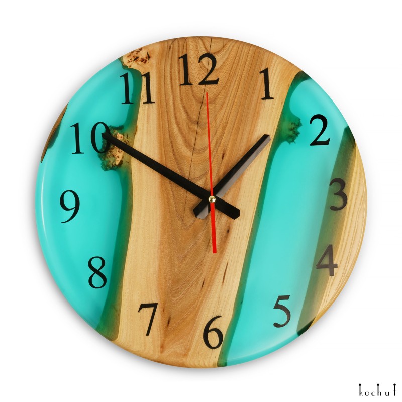 Wall clock «Continuum». Elm, turquoise transparent epoxy resin, polyurethane 