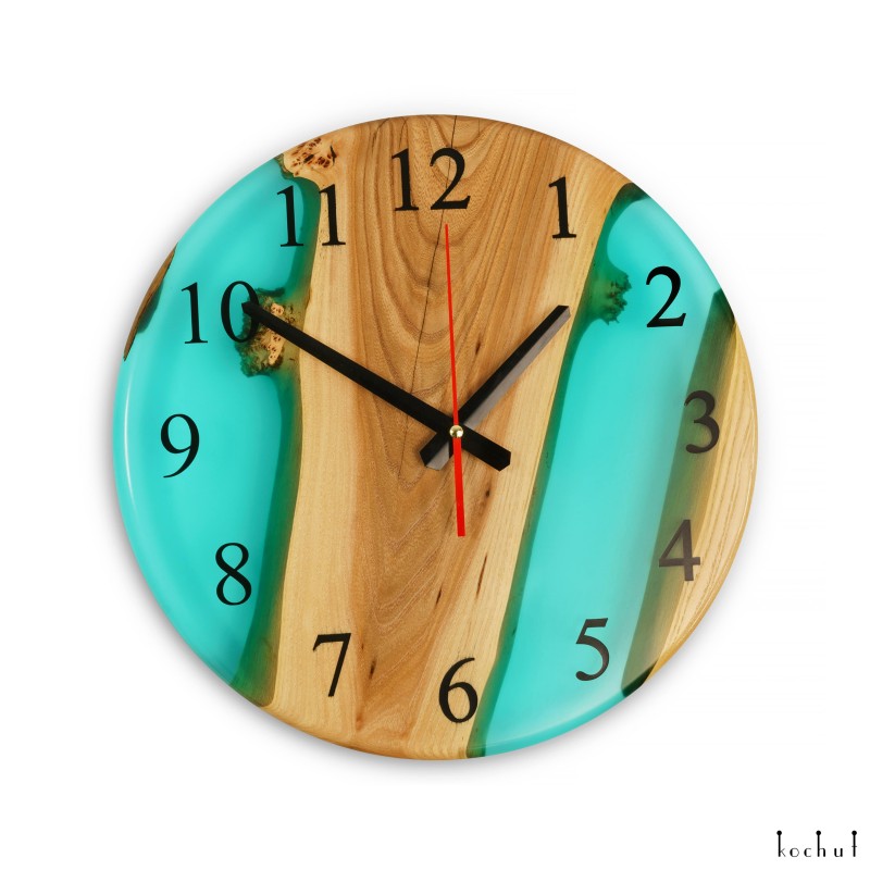 Wall clock «Continuum». Elm, turquoise transparent epoxy resin, polyurethane 