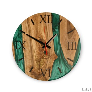 Wall clock «Continuum». European walnut, green pearl epoxy resin, polyurethane 
