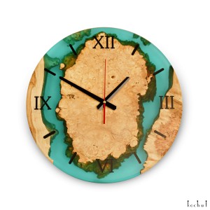 Wall clock «Continuum». California maple, turquoise transparent epoxy resin, polyurethane 