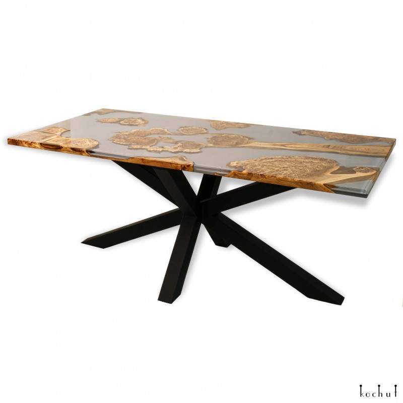 Dining table «Silver». Rock elm, gray opaque epoxy resin, gloss 