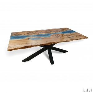 Dining table «Atlantis». Rock elm, two-level, blue epoxy resin, polyurethane (living edge) 