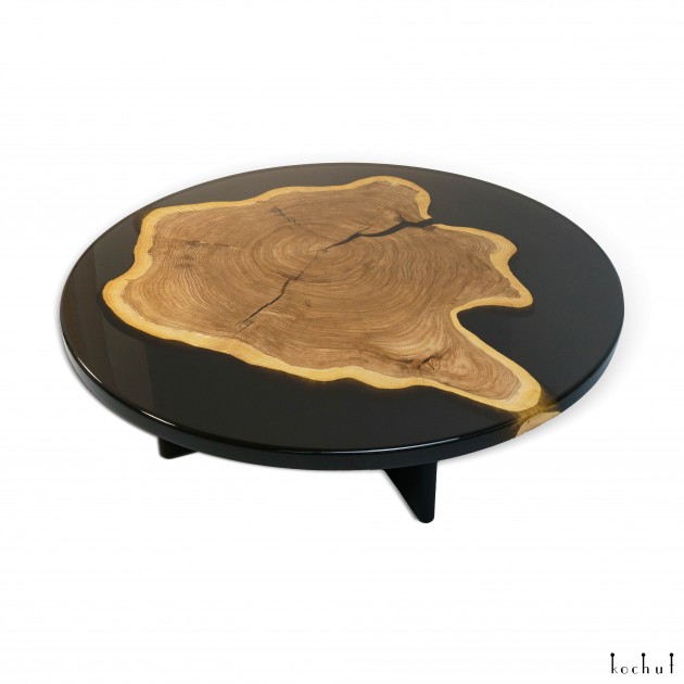 Coffee table «Assam». Rock elm, black transparent epoxy resin, polyurethane 