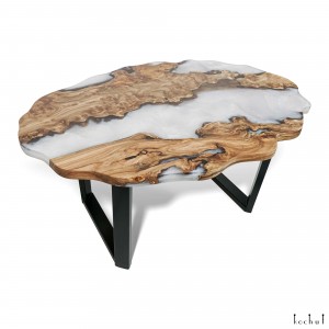 Dining table «Cloud». Rock elm, white pearl epoxy resin, polyurethane