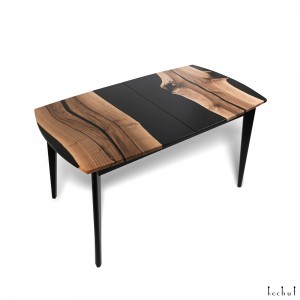Folding dining table «Mozart». European walnut, black opaque epoxy resin, polyurethane 