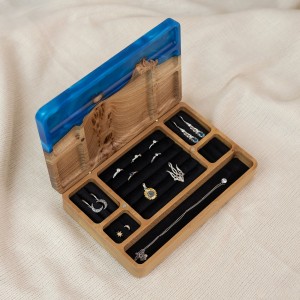 Jewelry box «Ornament. Sapphire». Rock elm, blue pearl epoxy resin, polyurethane 