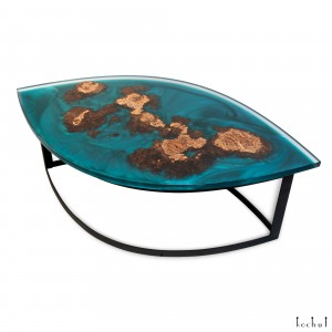 Coffee table with lighting «Elegy». Rock elm, green pearl epoxy resin, polyurethane 