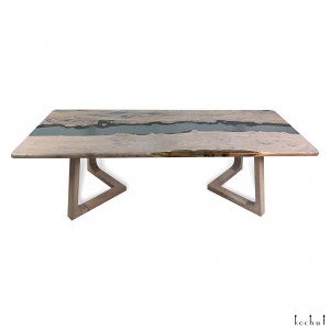 Dining table «Alliance». Rock elm, gray transparent epoxy resin, polyurethane 