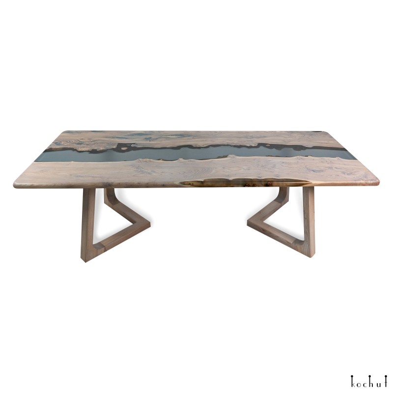 Dining table «Alliance». Rock elm, gray transparent epoxy resin, polyurethane 