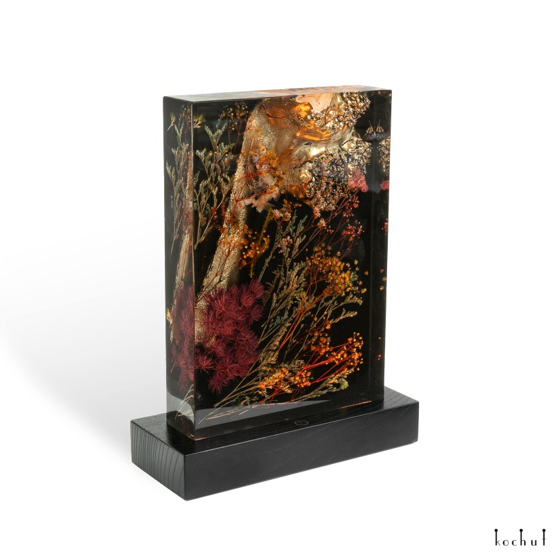 Decorative lamp «Flowers». Rock elm, gray transparent epoxy resin, polyurethane