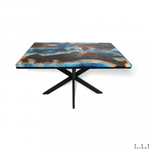 Dining table «Atlantis». Rock elm, two-level, blue epoxy resin, polyurethane (rectangular shape)