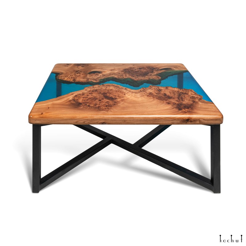 Coffee table «Breeze». Rock elm, blue transparent epoxy resin, polyurethane 