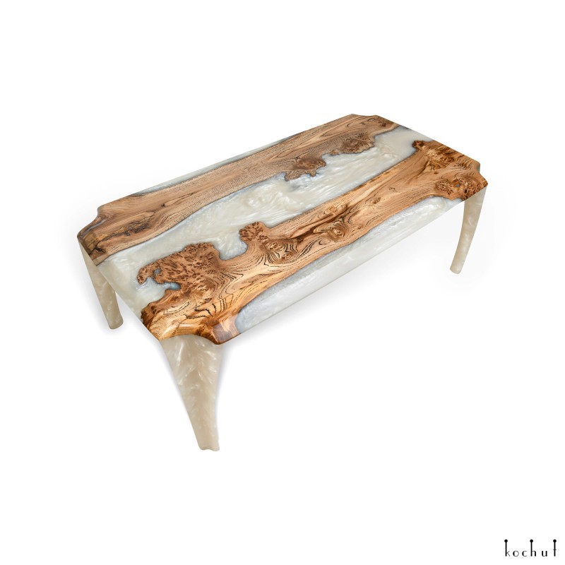 Coffee table «Nord». Rock elm, white pearl epoxy resin, polyurethane 