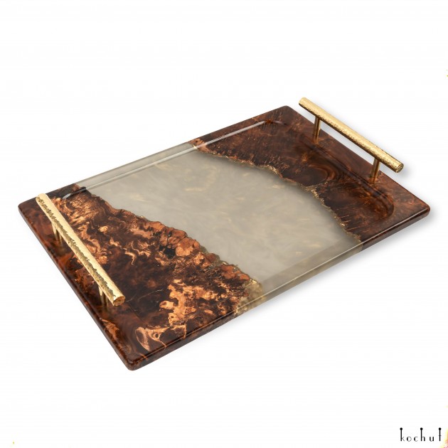 Serving tray «Olympia». Rock elm, transparent epoxy resin, gold leaf, polyurethane 