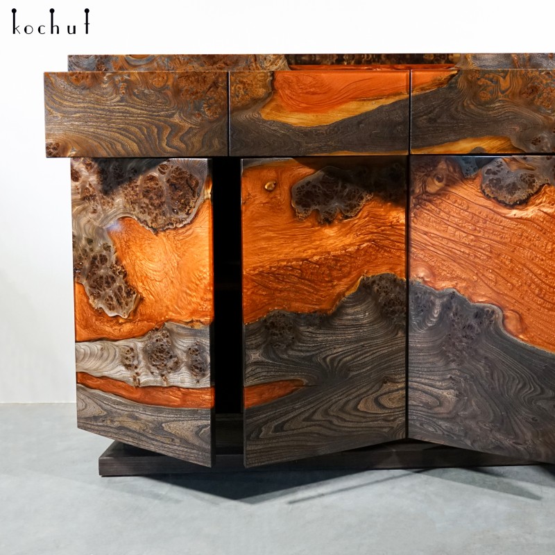 Cabinet «Tourmaline». Rock elm, orange pearl epoxy resin, polyurethane 
