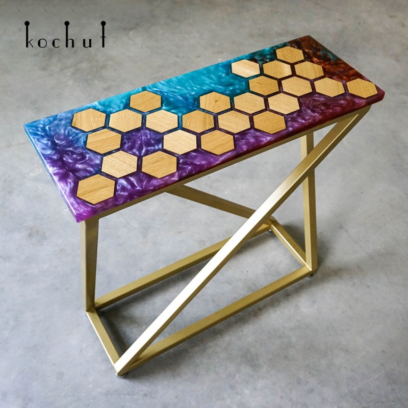 Table-console «Geometry of the Elements». Oak, mother-of-pearl epoxy resin, oil-wax