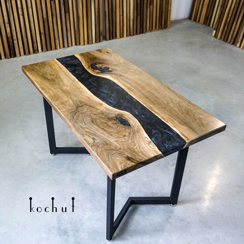 Dining table «Morion». European walnut, epoxy casting, metal legs