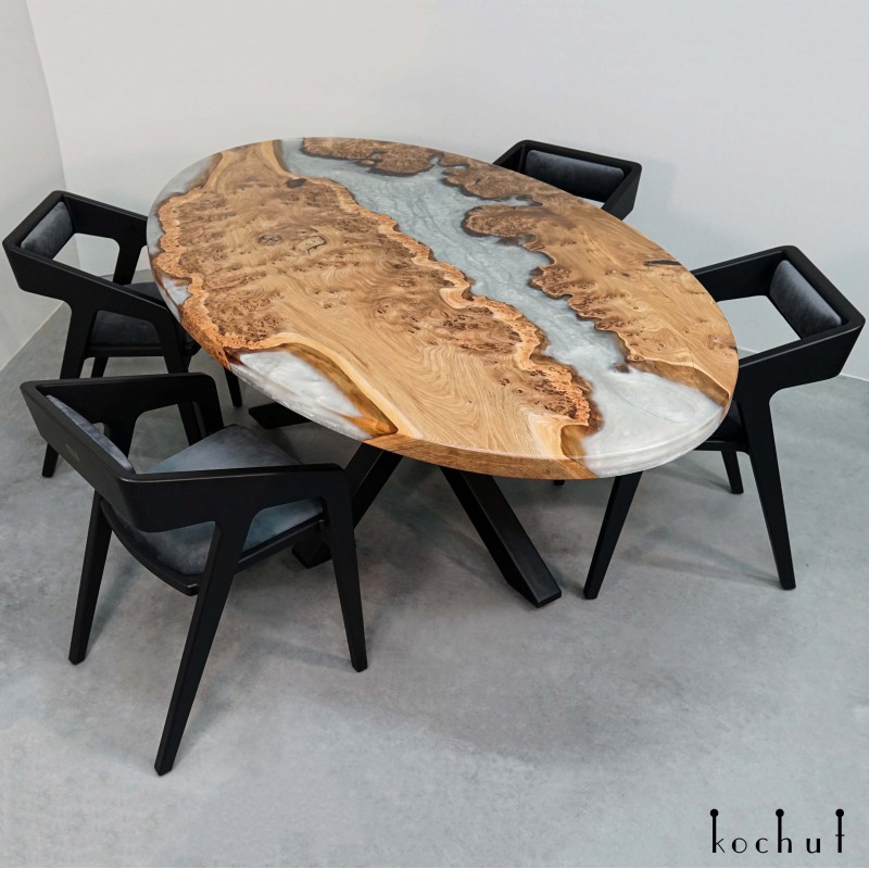 Dining table « Platinum is oval». Elm, epoxy resin, polyurethane,  steel factory