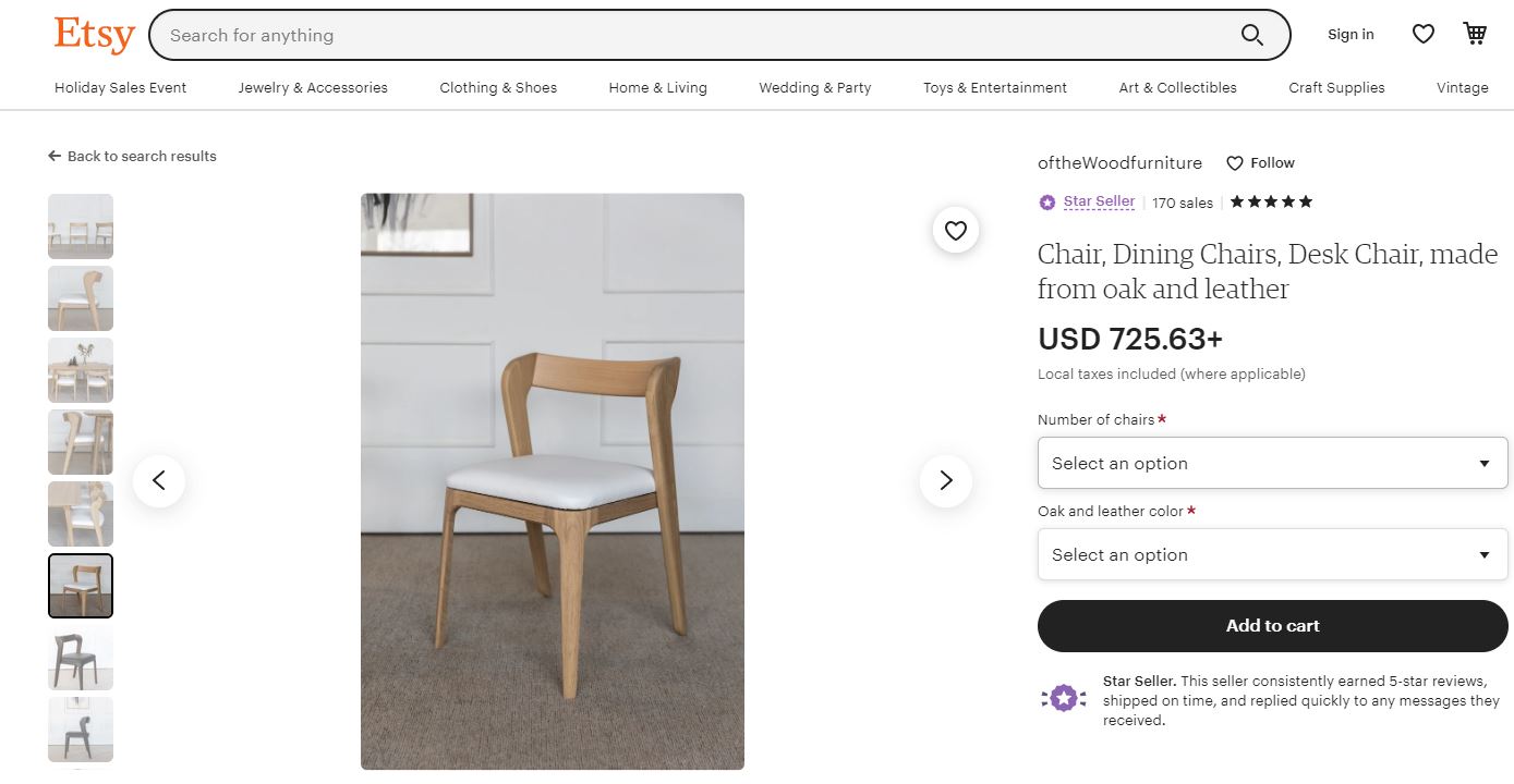 Приклад ціни схожих моделей стільців на платформі Etsy
