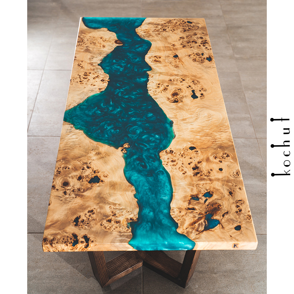River table with mother-of-pearl epoxy resin